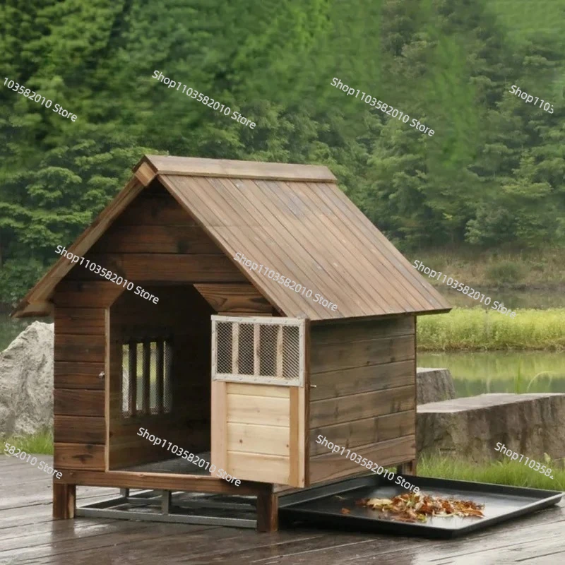 Wooden Outdoor Rainproof Dog House, All Seasons Pet Nest for Medium & Large Dogs, Villa Style Dog Kennel Cat Cage