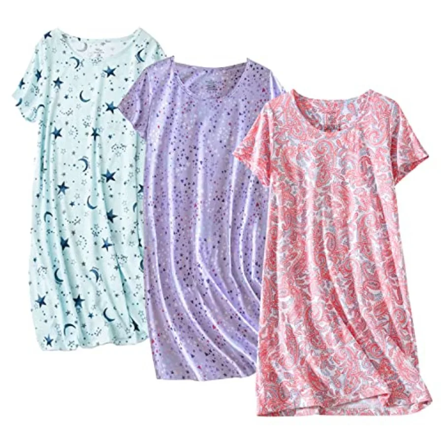 PNAEONG 3 Pack Women's Cotton Nightgown Sleepwear Short Sleeves Shirt Casual Print Sleepdress