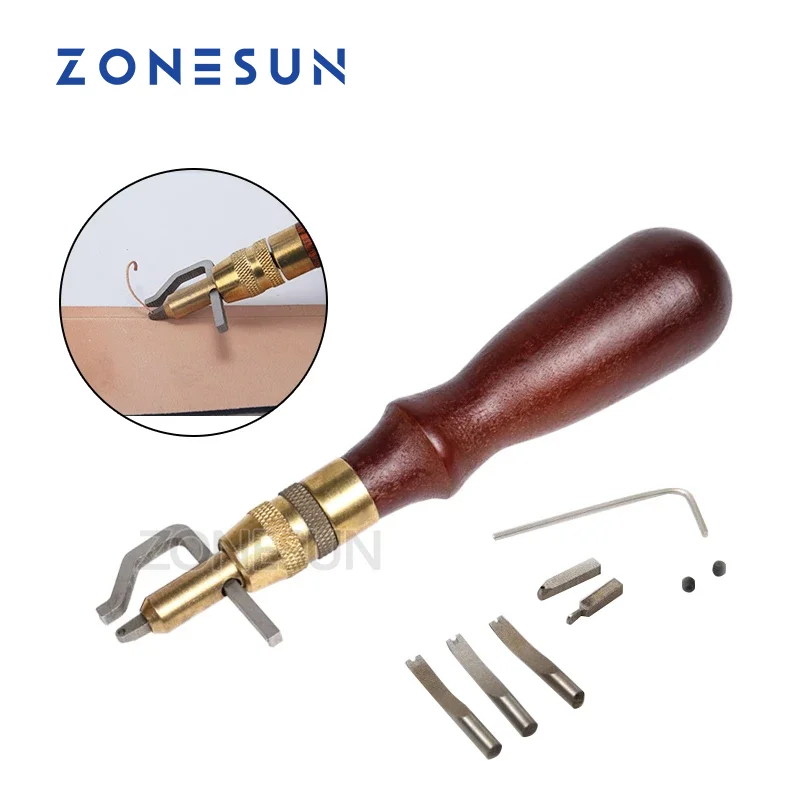 ZONESUN 5 in1 DIY Adjustable Groover Leather Craft Adjustable Stitching Groover Crease Leather Tools wtih 3 Replace Edge Beveler