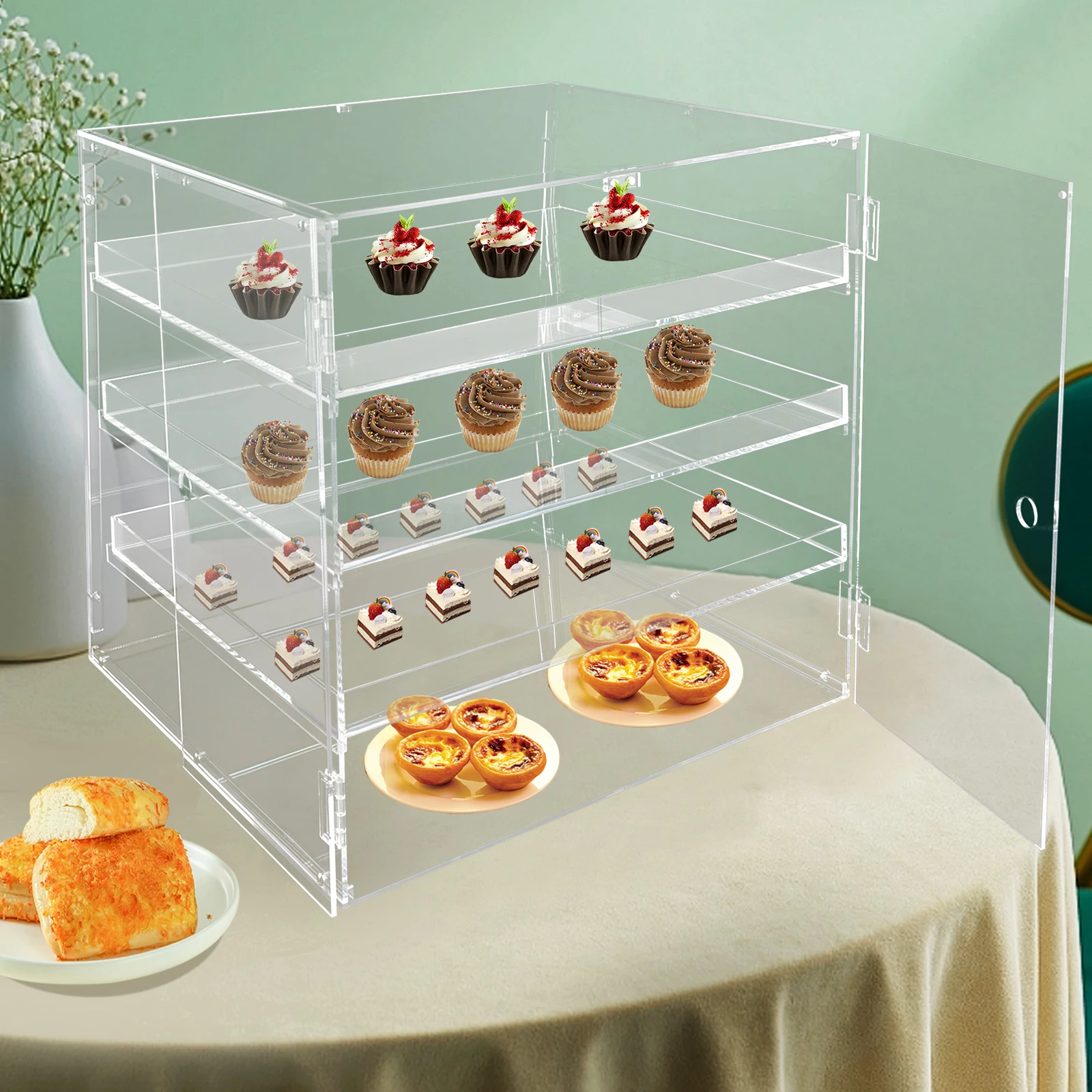 Pastry Display Case Countertop, Bakery Display Case Countertop with 3 Trays, Acrylic, Size: 18.7×17.71×17.71in