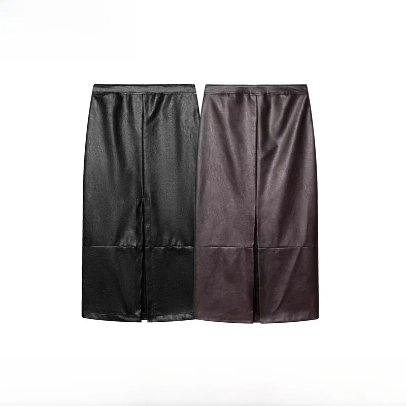 Fashionable Leather Effect Midi Skirt Women's Spring Summer New Arrival ZR Style High Waist Straight Cut Standard Fit Polyest...