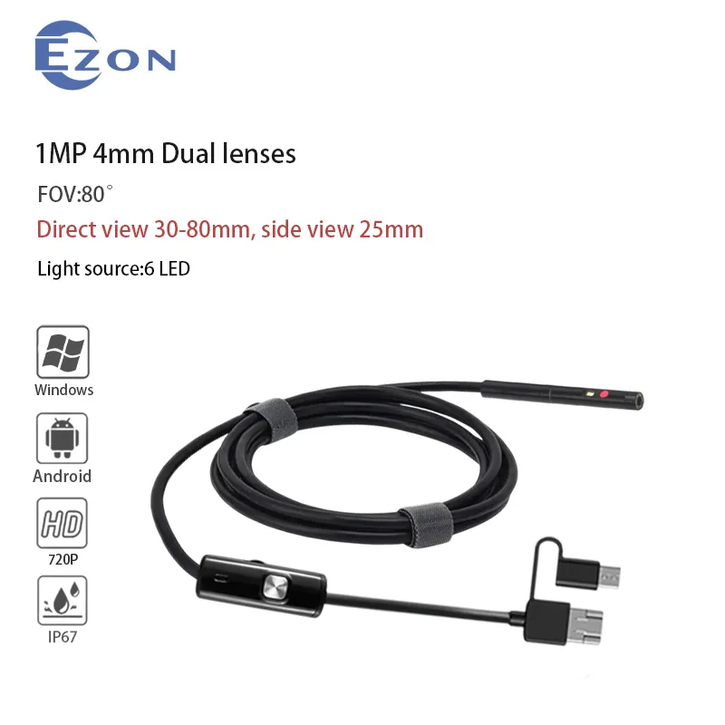 1MP 4mm FOV 80 ° كاميرا المنظار الصناعية عالية الدقة بعدسة مزدوجة لفحص خطوط الأنابيب 1 متر USB Type-C كاميرا المنظار 3 في 1 أندرويد #1