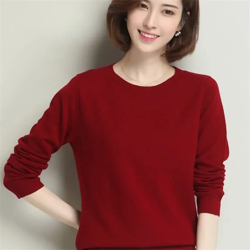 Ladies Solid Color Pullover Cashmere Sweater Women Loose Versatile Knitwear Autumn Winter Female Round Neck Short Woolen Sweater