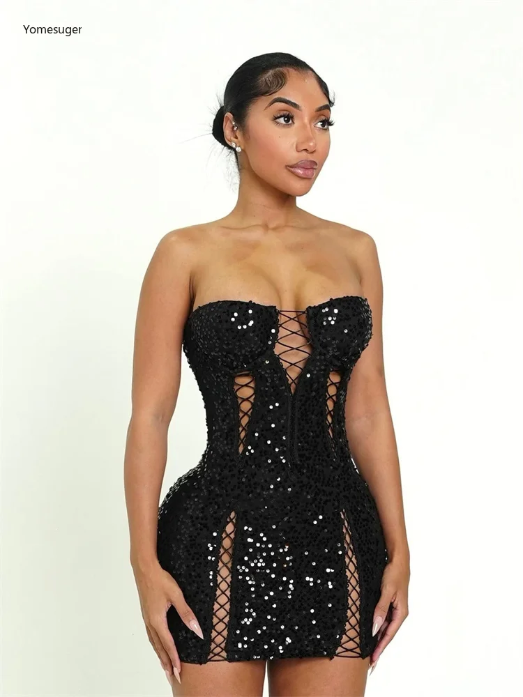 

Yomesugar Женское облегающее мини-платье без бретелек с пайетками, асимметричное, с вырезами, на молнии, с открытой спиной, для вечеринок и клубов