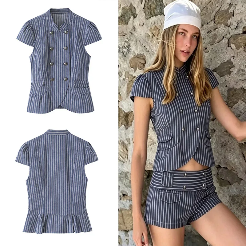 French Elegant Cap Sleeve Striped Top Blue White Vertical Stripe Double Breasted Peplum Slim Summer Party Casual Blouse