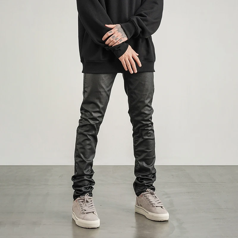 Men Pants High Street Wax Coating Pant Casual Streetwear Hip Hop Zipper Trousers Harajuku Fashion Slim Fit Skinny Pants Joggers