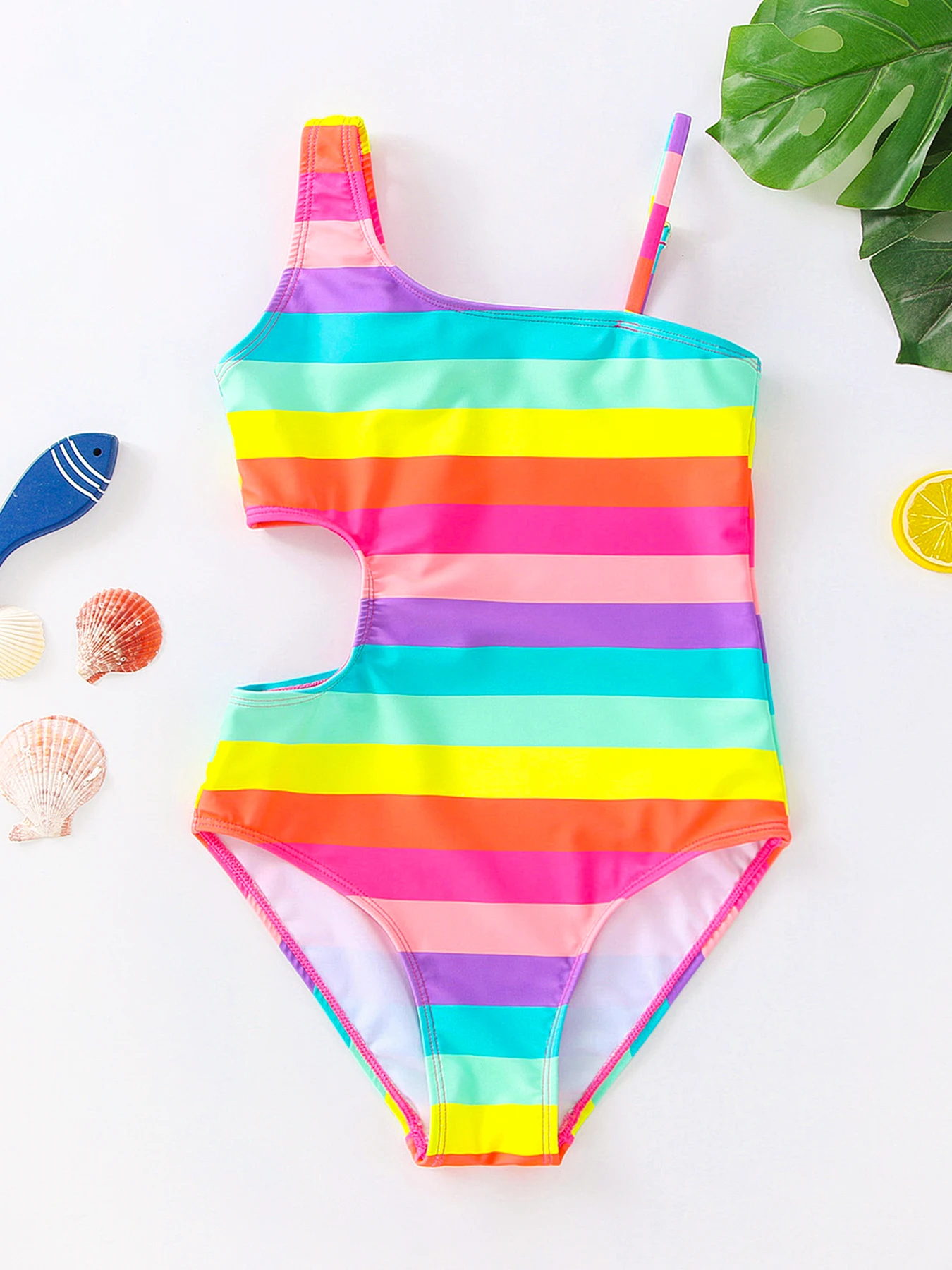 One-Shoudler Rainbow Stripes Girls One-Piece Swimsuit