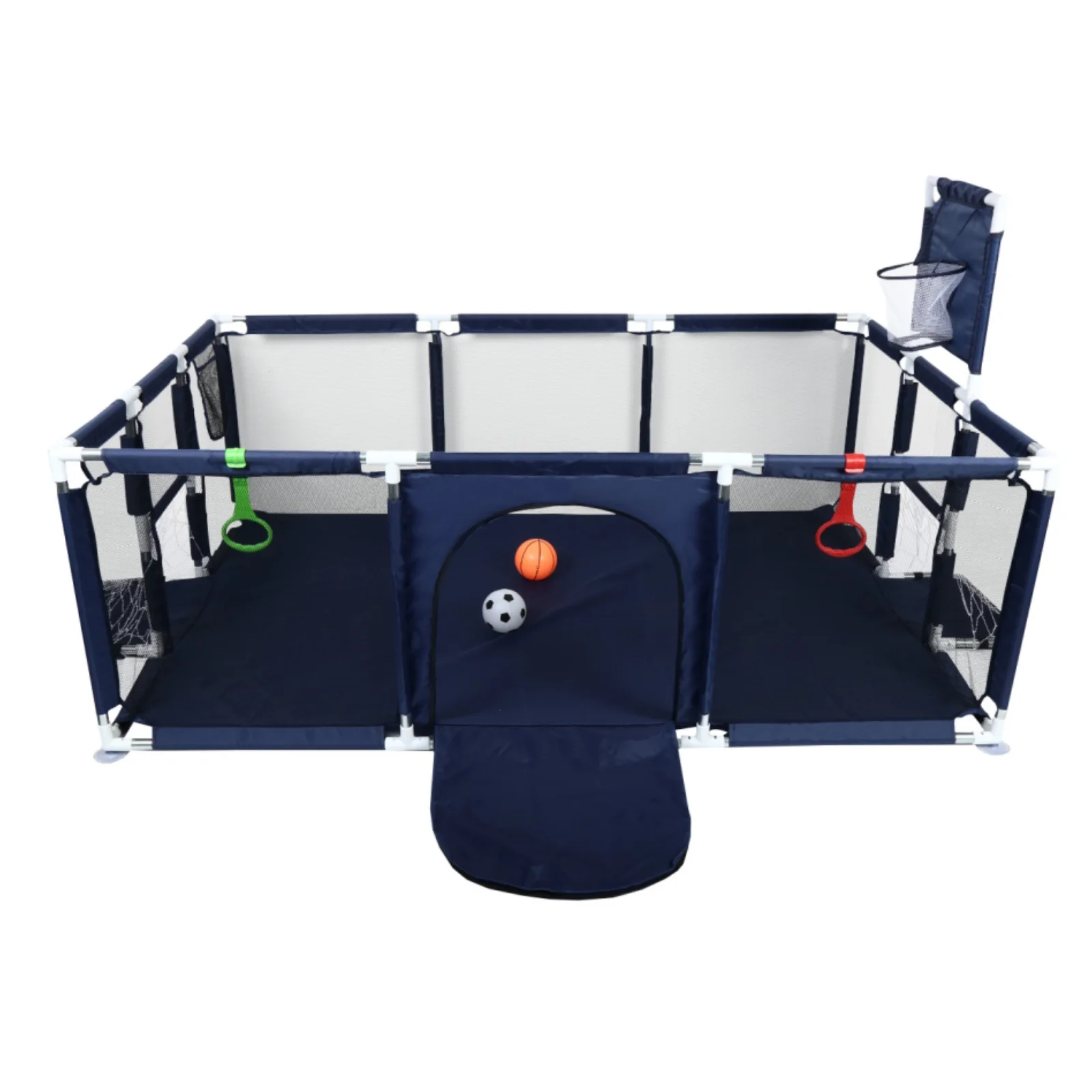 Parc de jeu XXL pour bébé 180x120 cm avec panier de basket (et but de football) – Espace de jeu sécurisé pour bébé et tout-petit – Filet respirant, anneaux de développement de la motricité et structure stable