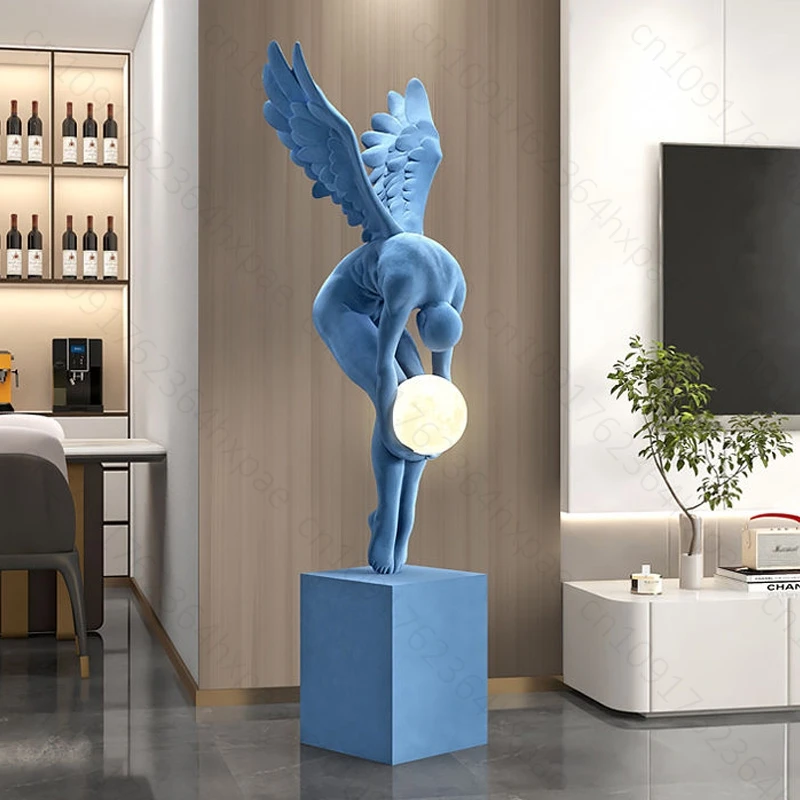 Large Angel Sculpture with Moon light Ambient Lamp Creative Luxury Art Figure Modern 150cm Floor Art for Home Decor Living Room