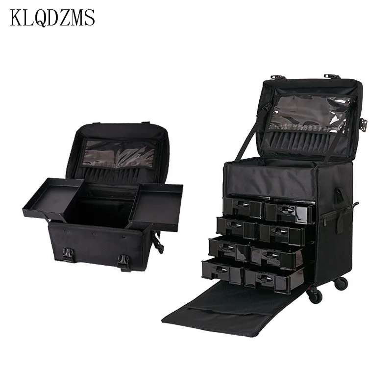 KLQDZMS New Cosmetic Case Professional Beauty Manicure Tool Box Oxford Cloth Trolley Case Set with Wheels Rolling Makeup Bag