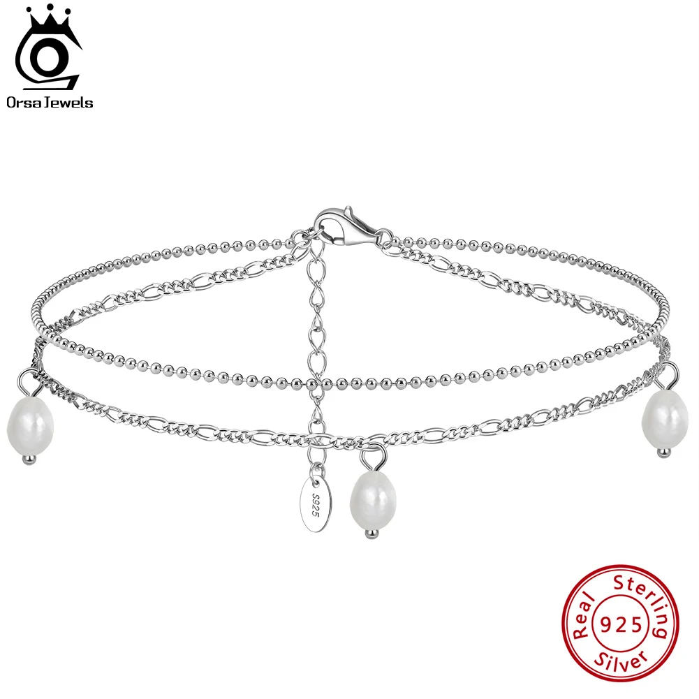 

ORSA JEWELS 925 Sterling Silver Layered Ball Chain&Figaro Chain Anklets for Women Summer Foot Chain Straps Fine Jewelry SA41