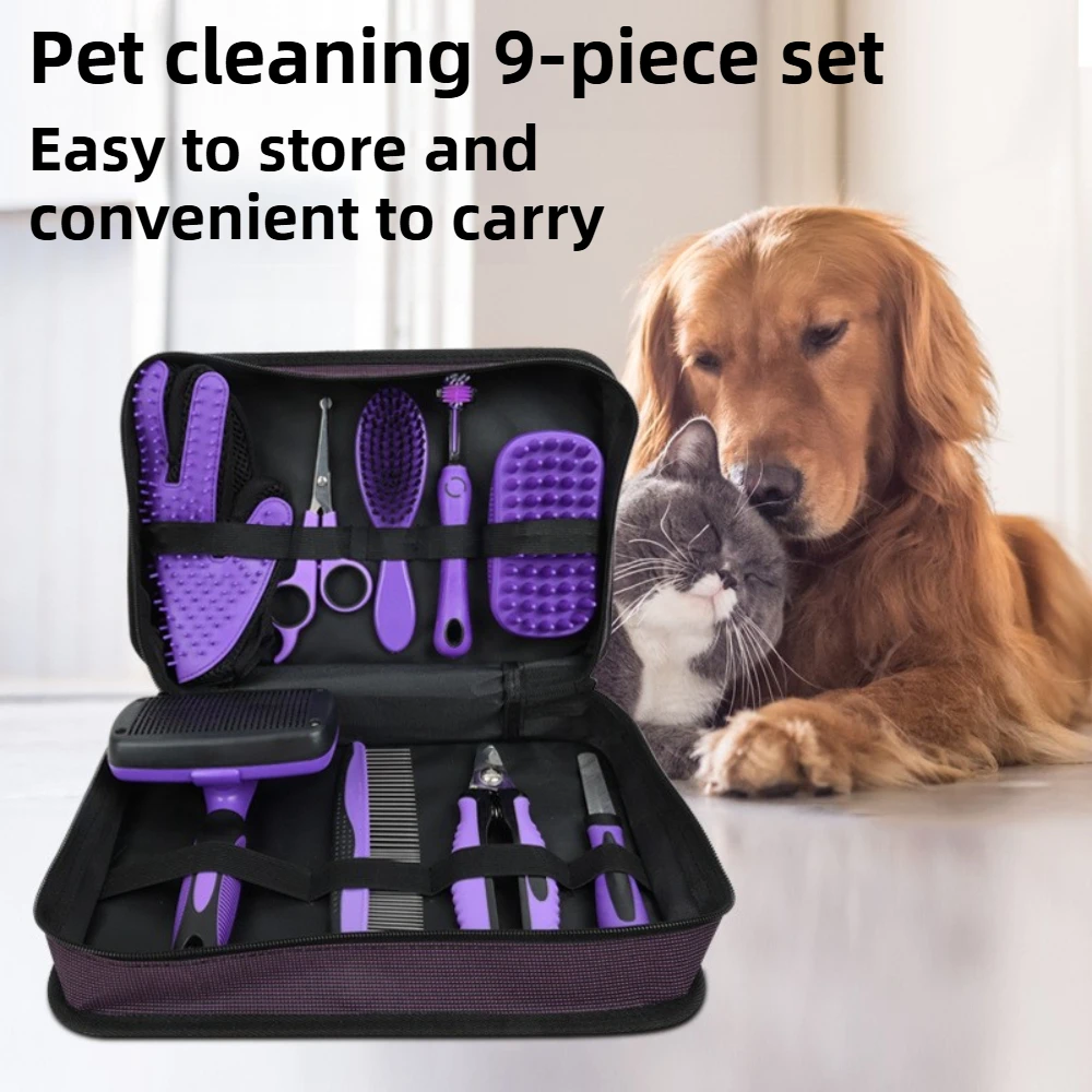 

9pcs Pet Grooming Kit Dog Cat Comb Brush Scissors Nail Clipper Glove Deshedding Tool