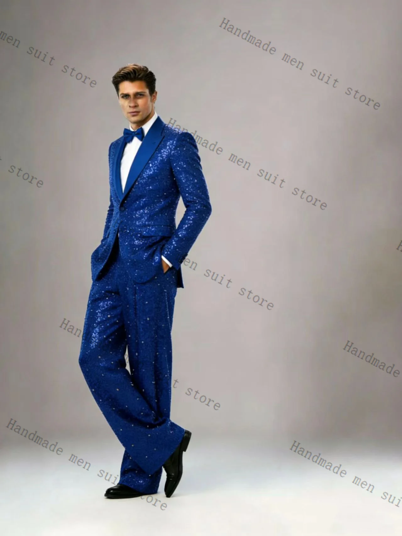 

Blue Sequins Men Suit Set 2 Piece Blazer+Pants Spring Shiny Prom Wedding Tuxedos Coat Customized Formal Office Fashion Jacket