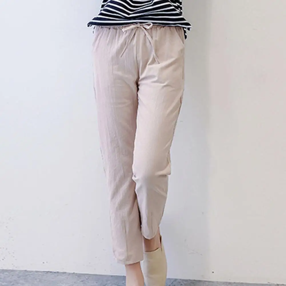 Drawstring Design Trousers Stylish Women's Solid Color Harem Trousers with Pockets Mid-rise Elastic Waist for Streetwear