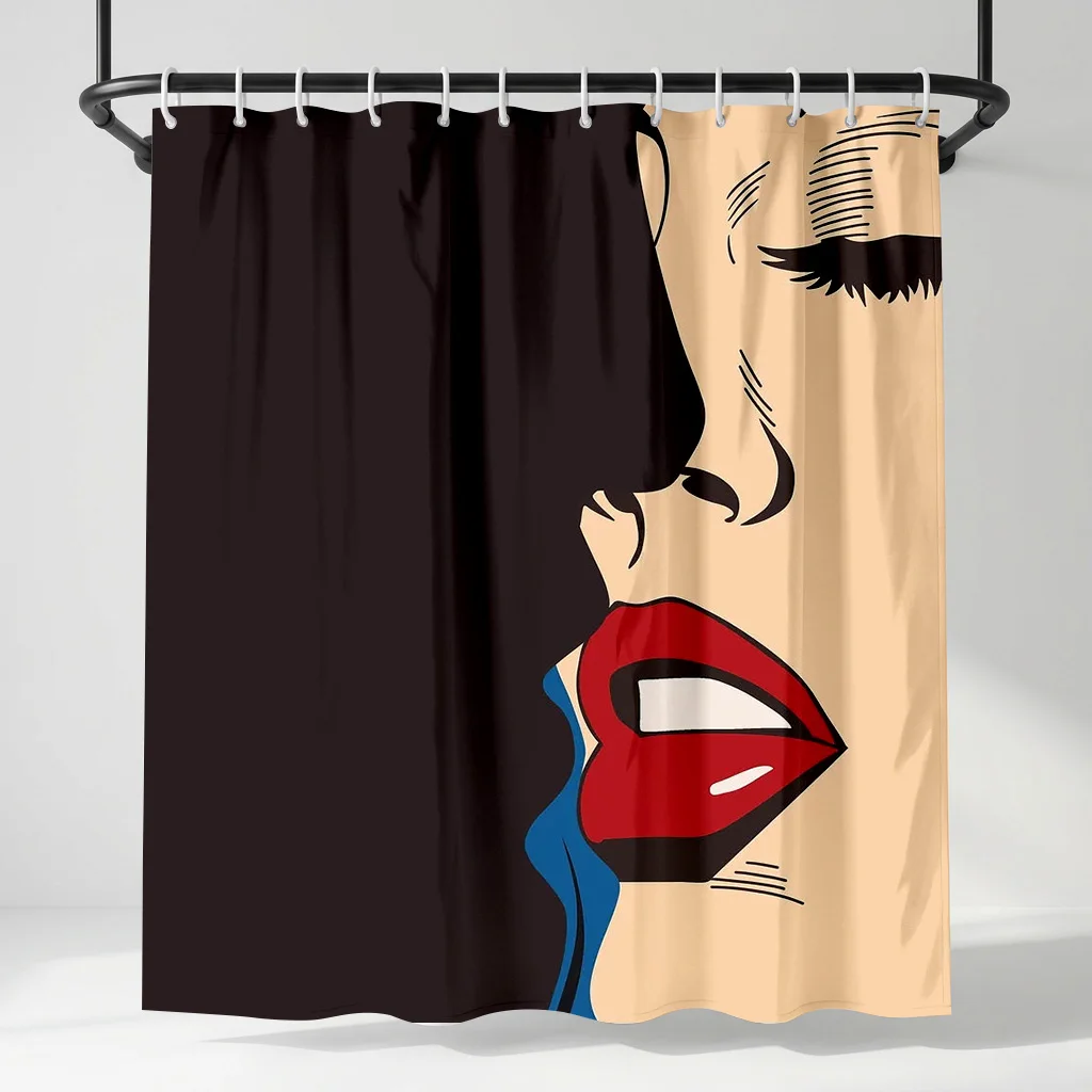 

Vintage Pop Art Sexy Red Lips Shower Curtain, Comic Girl Face Bathroom Decor, Modern Retro Fashion Fabric Bathroom Curtain
