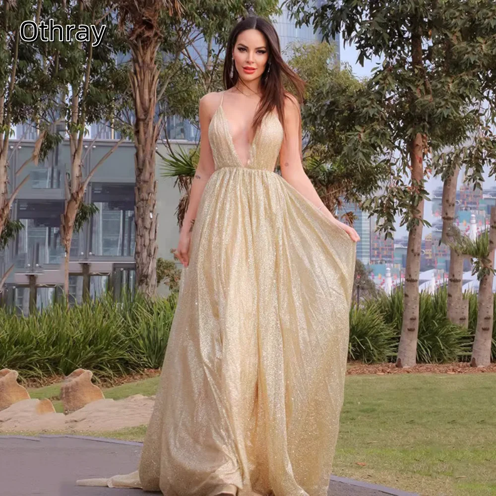 

Shiny Satin A-Line Spaghetti Straps Prom Dress Customized Sleeveless Open Back Sweep Train Formal Occasion Gown vestidos de gala