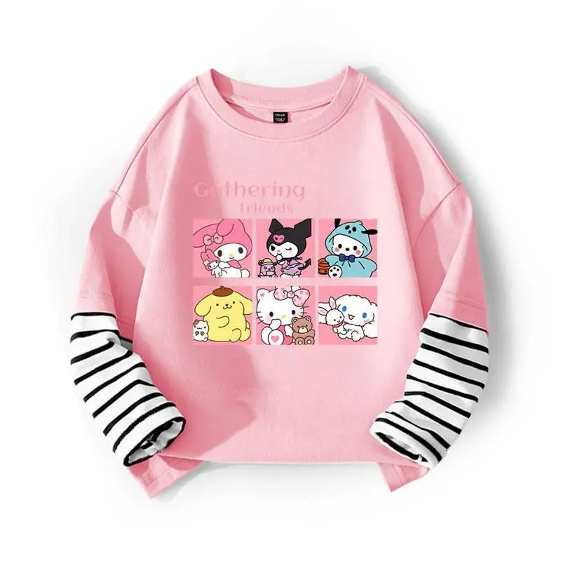 Sanrio Girl Long Sleeves Tshirt Kuromi Long Sleeves Splicing Hoodie Cartoon Fashion Jacket Leisure Long Sleeves Bottoming Shirt