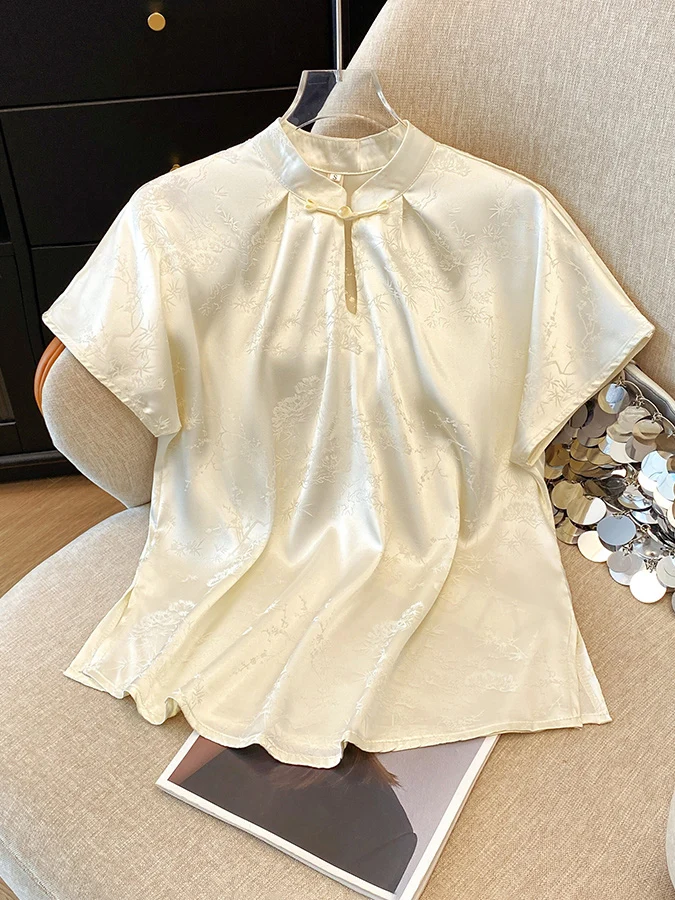 

Новый китайский атласный женский топ с воротником-стойкой на пуговицах и воротником-стойкой, лето 2025, элитный элитный топ в стиле ретро в национальном стиле