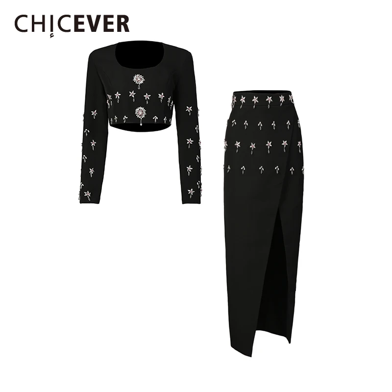 

CHICEVER Black Spliced Diamond Two Piece Set Female O Neck Long Sleeve Shirt Party High Waist Women's Skirt Sets Summer Fashion