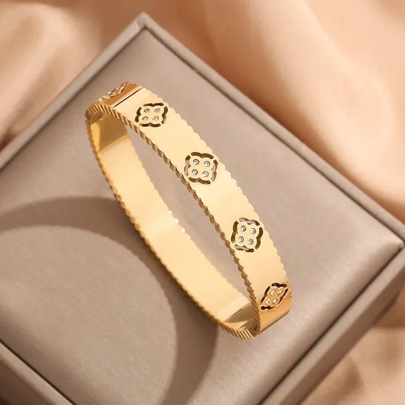 Women Stainless Steel Jewelry Accessory Fashion Zircon Bangles Water Proof Gold Color Cuffs