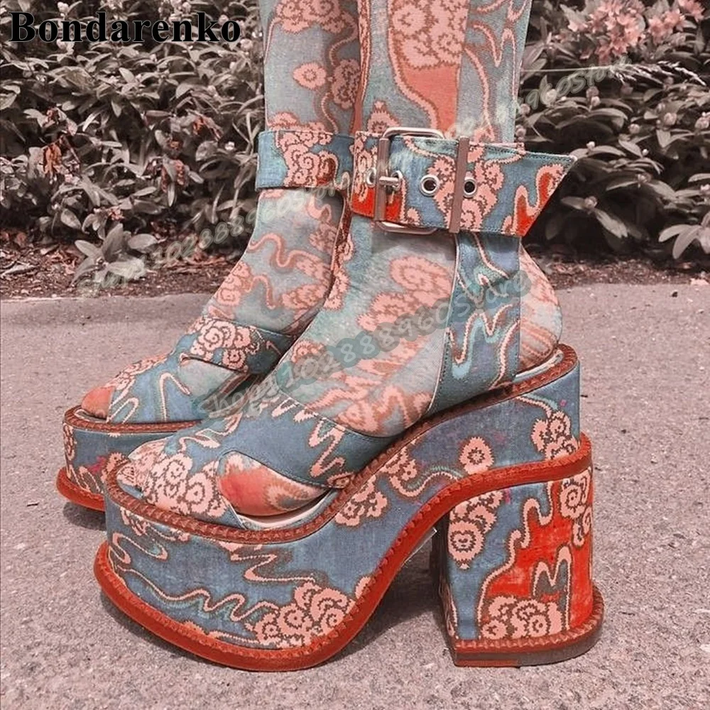 

Mixed Color Printing Cloth Platform Sandals Thick Heel Shoes For Women Ankle Buckle Strap Peep Toe Occidental Party Sandals