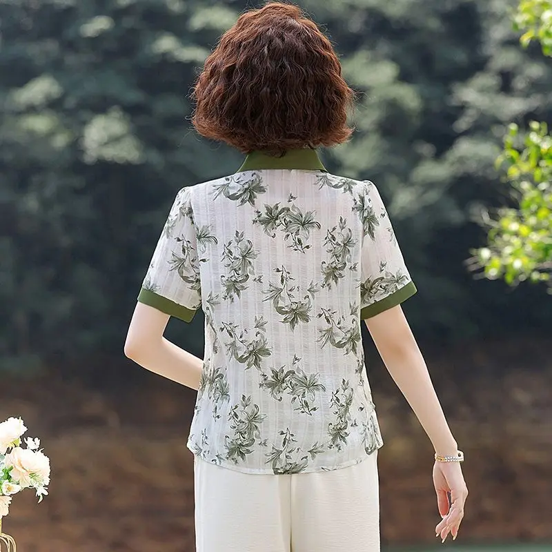 Women's New Splicing Socket Lapel Button Printing Stylish Loose Versatile Casual Short-sleeved Blouses Shirts