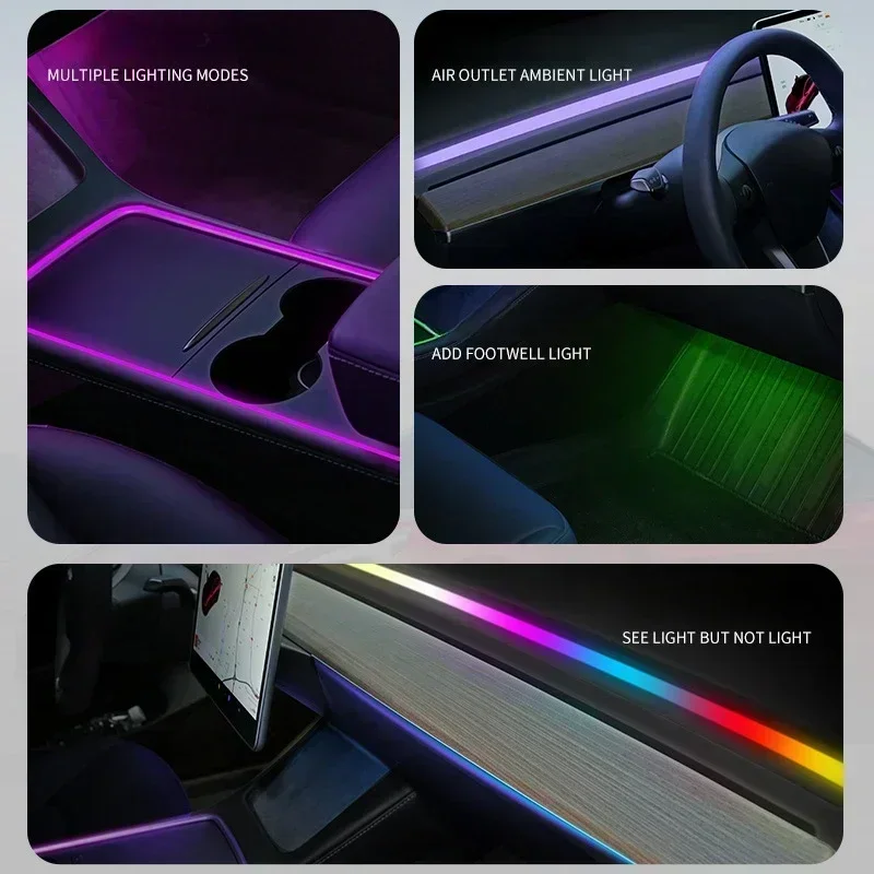 Per Tesla Model 3 Y Luce ambientale per auto con controllo APP Uscita aria automatica Lampada decorativa a LED Cruscotto RGB Symphony Strip Light