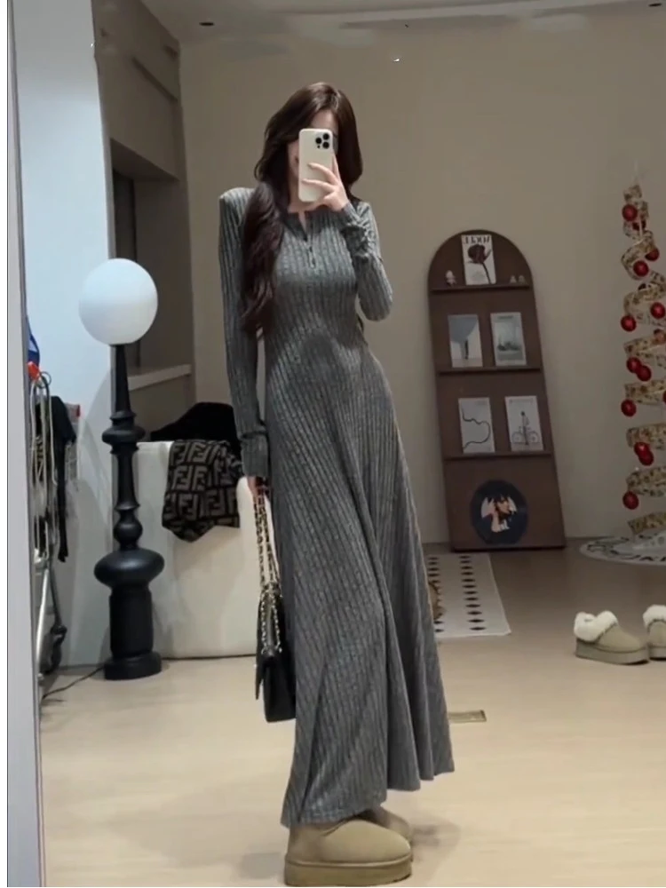 Ele cintura alta de malha dr feminino fino ajuste camada base inverno faion coreano sle longo sve botão-up saia linha a