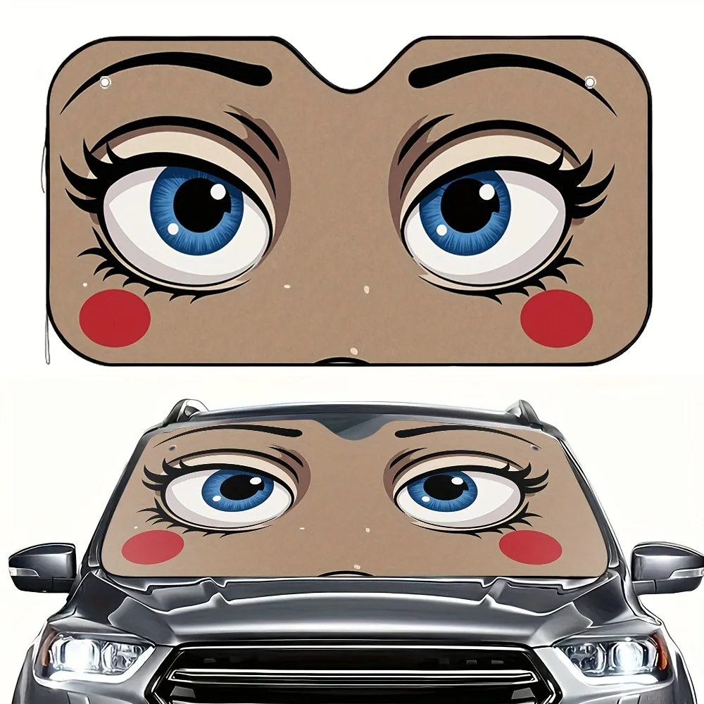 Parasol para coche con estampado de ojos Pop Art, diseño de ojos azules y rubor de dibujos animados, 4 ventosas para una fácil instalación, coche plegable, 1 ud.
