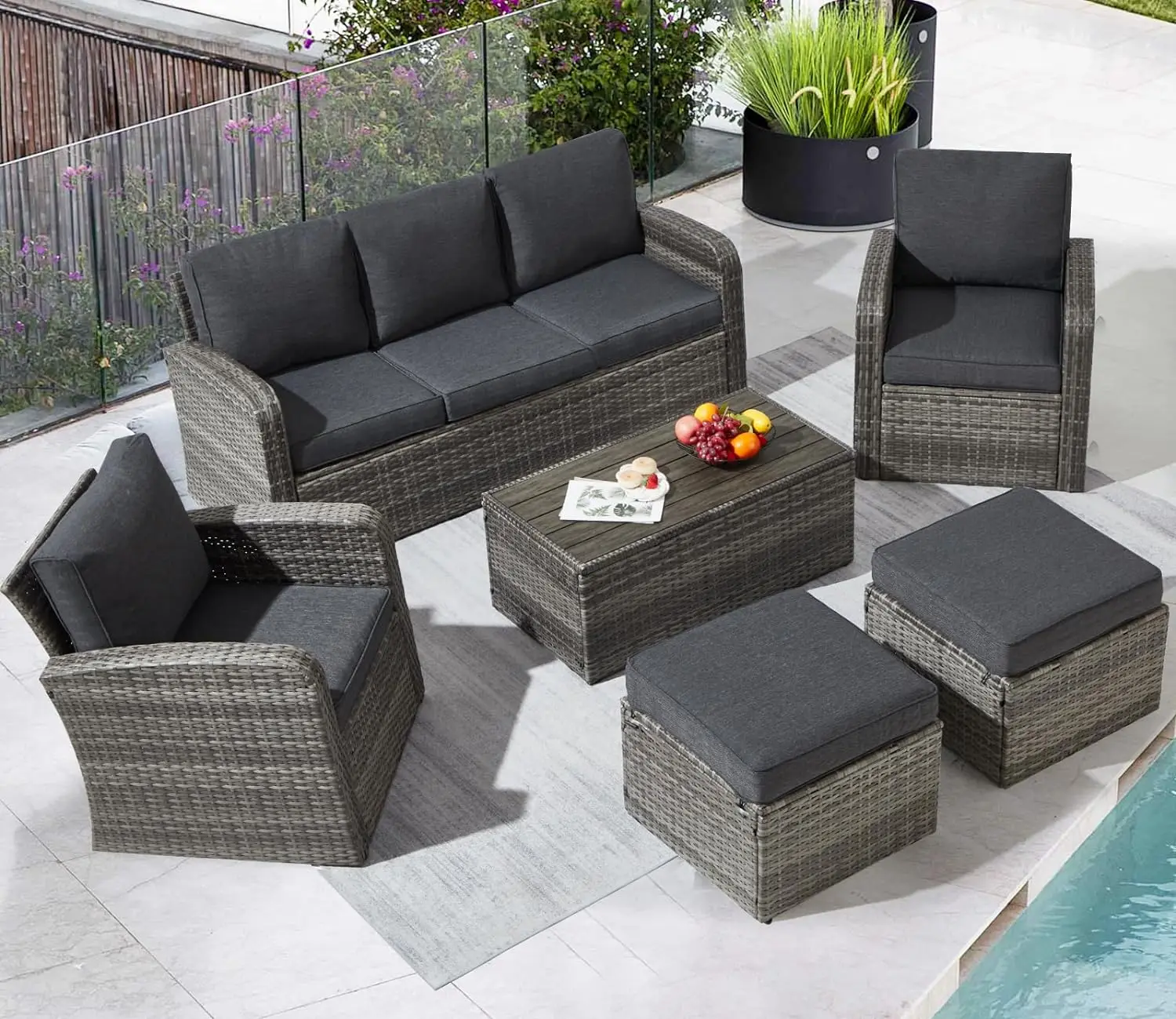 

Patio Furniture Set Sectional Rattan Wicker Outdoor Conversations Sets with Table and Ottomans for Garden, Poolside, Backyard