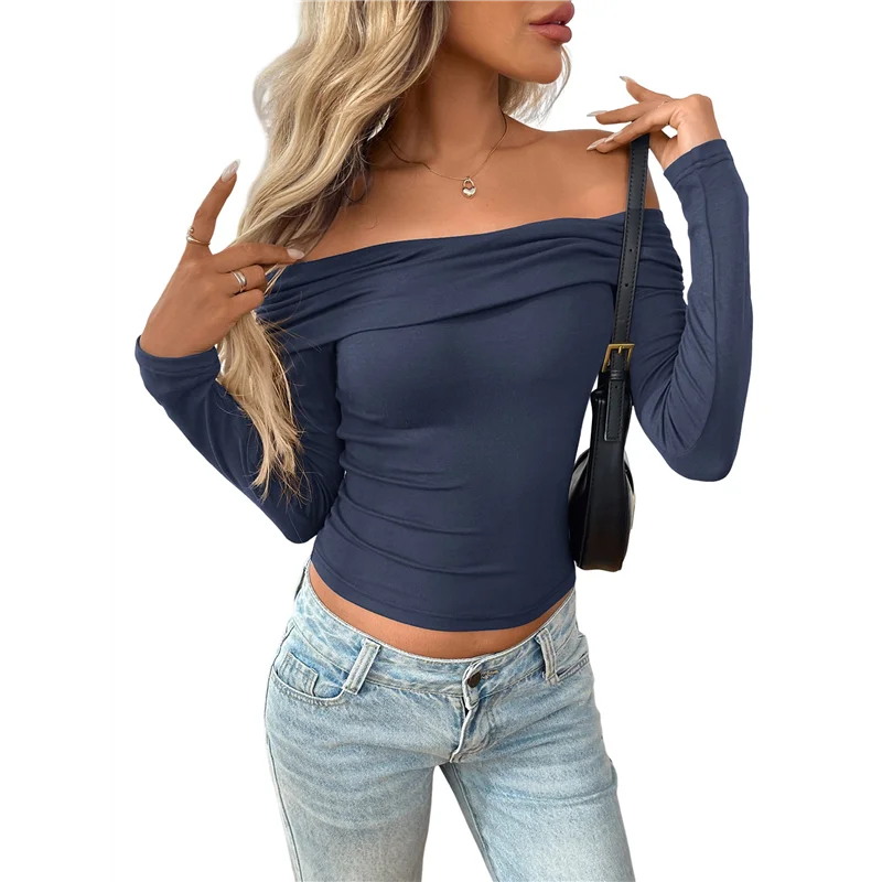 

CYL-Womens Long Sleeve Off Shoulder Shirts Tight Fitted Y2K Ruched Tee Tops Blouses 2025 Trendy Outfits