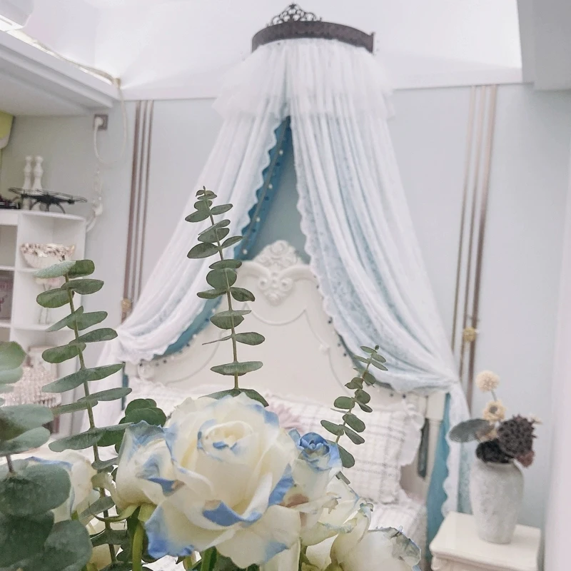 Luxury Bed Curtain Princess Bed Curtain with Crown French Style Bed Canopy Bedroom  Decor Yarn Lace Elegant Bedside Decoration