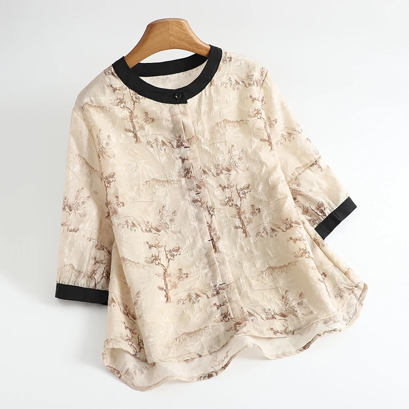 

Vintage Chinese Style Jacquard Print Shirts Blouses Women Summer Half Sleeve Casual Loose Contrast Color Elegant Beige Shirt Top