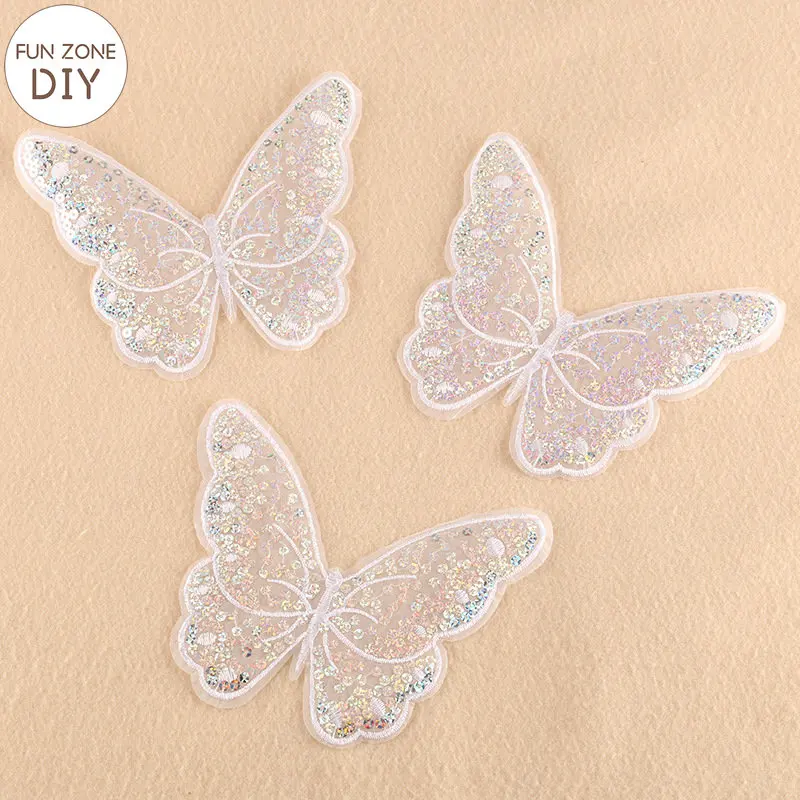 FZdiy Butterfly Sequined Iron on Patches for Clothing Sewing Embroidery Translucent Parches Para Ropa Costura White Appliques