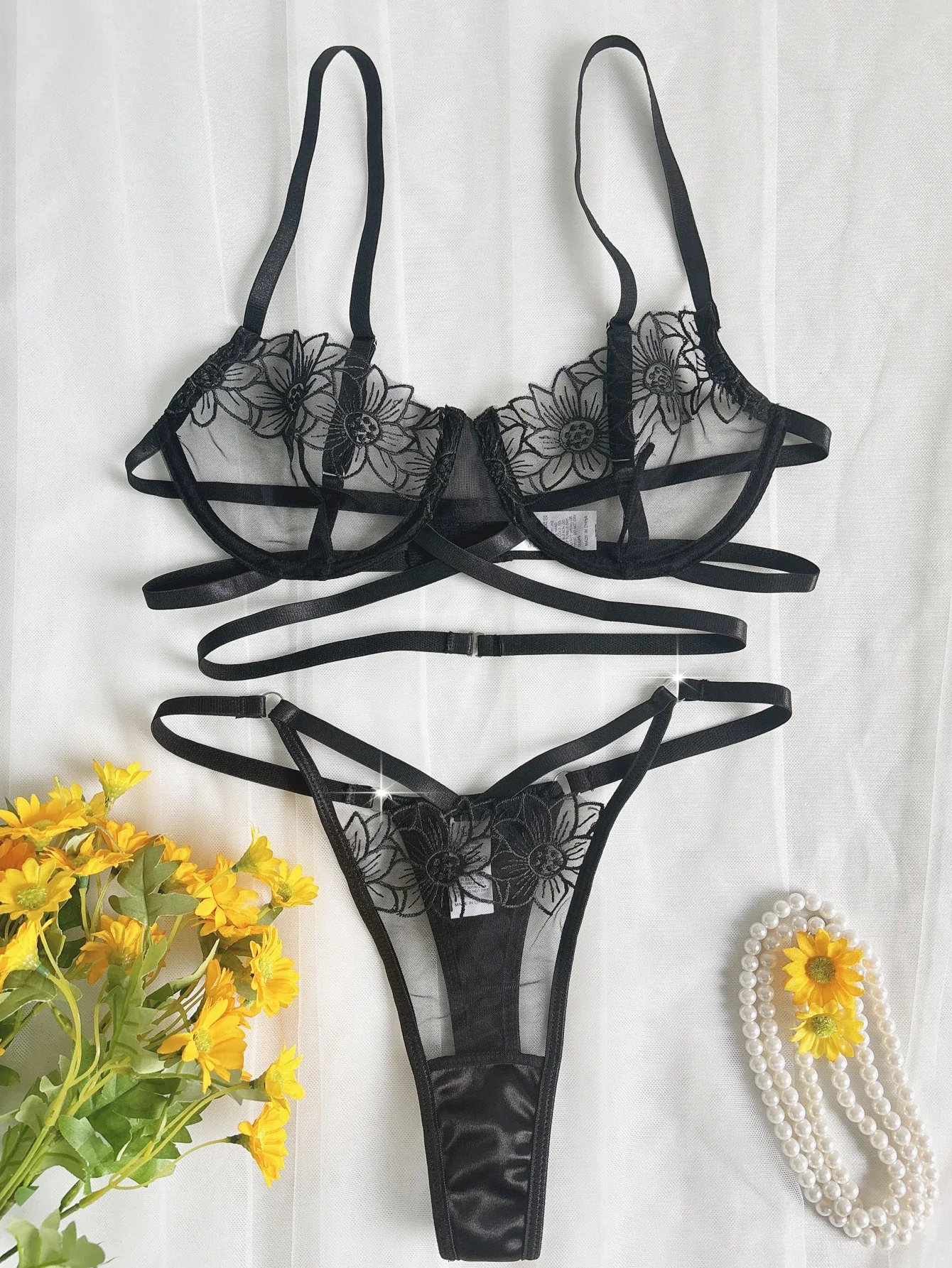 High-End Floral Embroidered Underwire Bra Set, Women's Mesh Unlined Bra + Panties