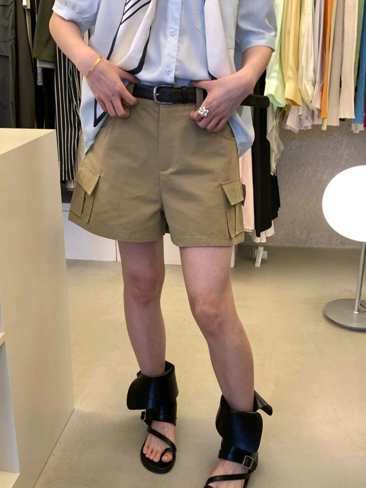 Summer Korean Style Women's Casual Pants with Double Sided Large Pockets Wide Leg High Waist Slimming Short Shorts