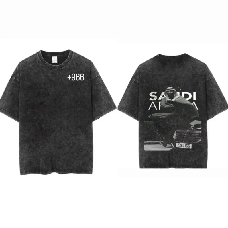 تي شيرت قطني صيفي مغسول المملكة العربية السعودية للرجال بأكمام قصيرة موضة ريترو جديدة ملابس الشارع للرجال والنساء #2