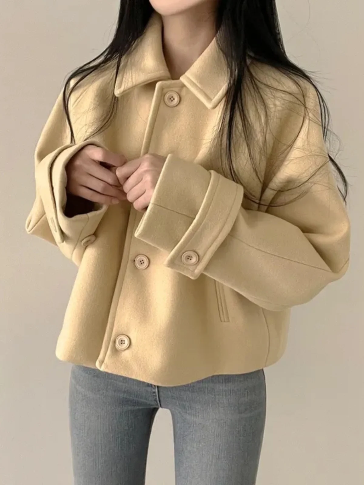 

Chic Woolen Coat for Women Gentle And White Collar Single Button Loose Design Sensation Ele Top ort Outerwear
