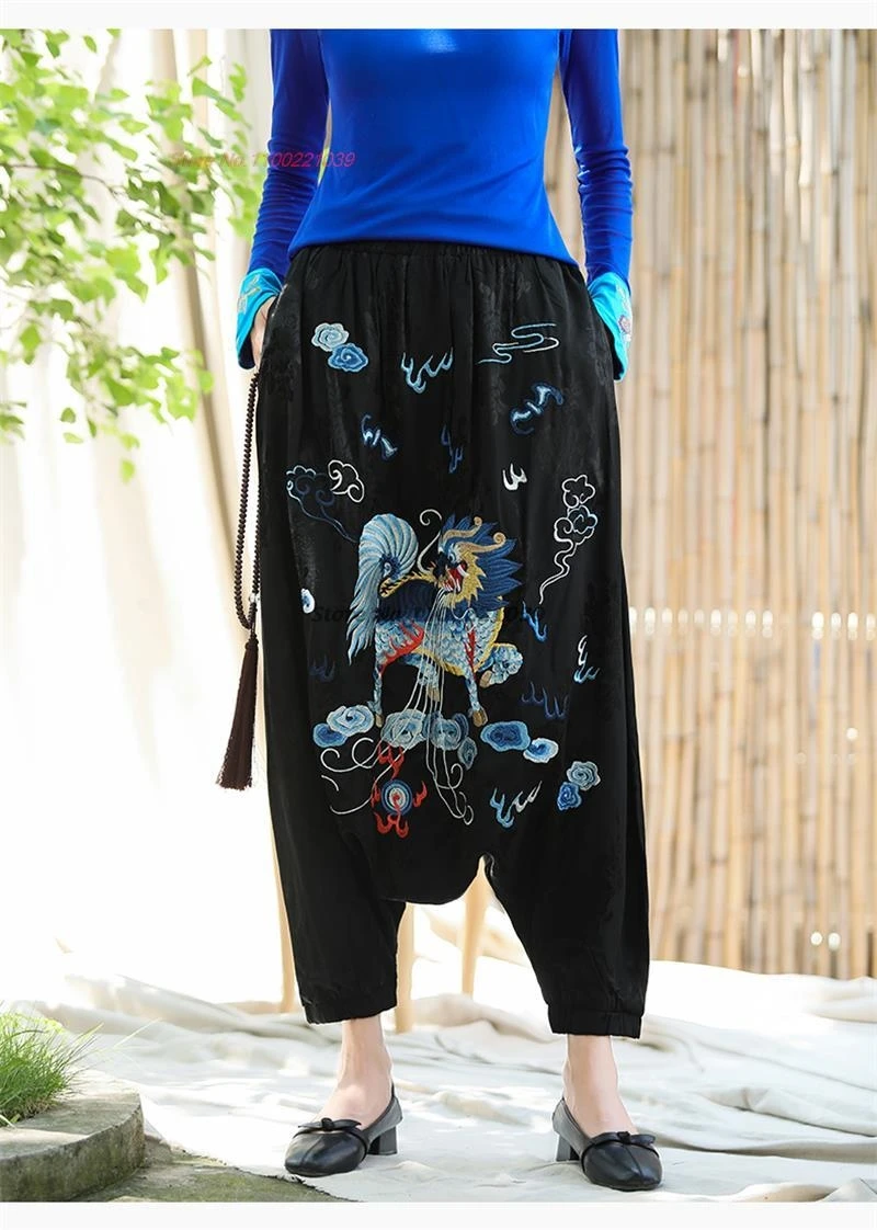 

2026 chinese vintage satin jacquard bloomers trousers women national unicorn embroidery harajuku harem pants casual baggy pants