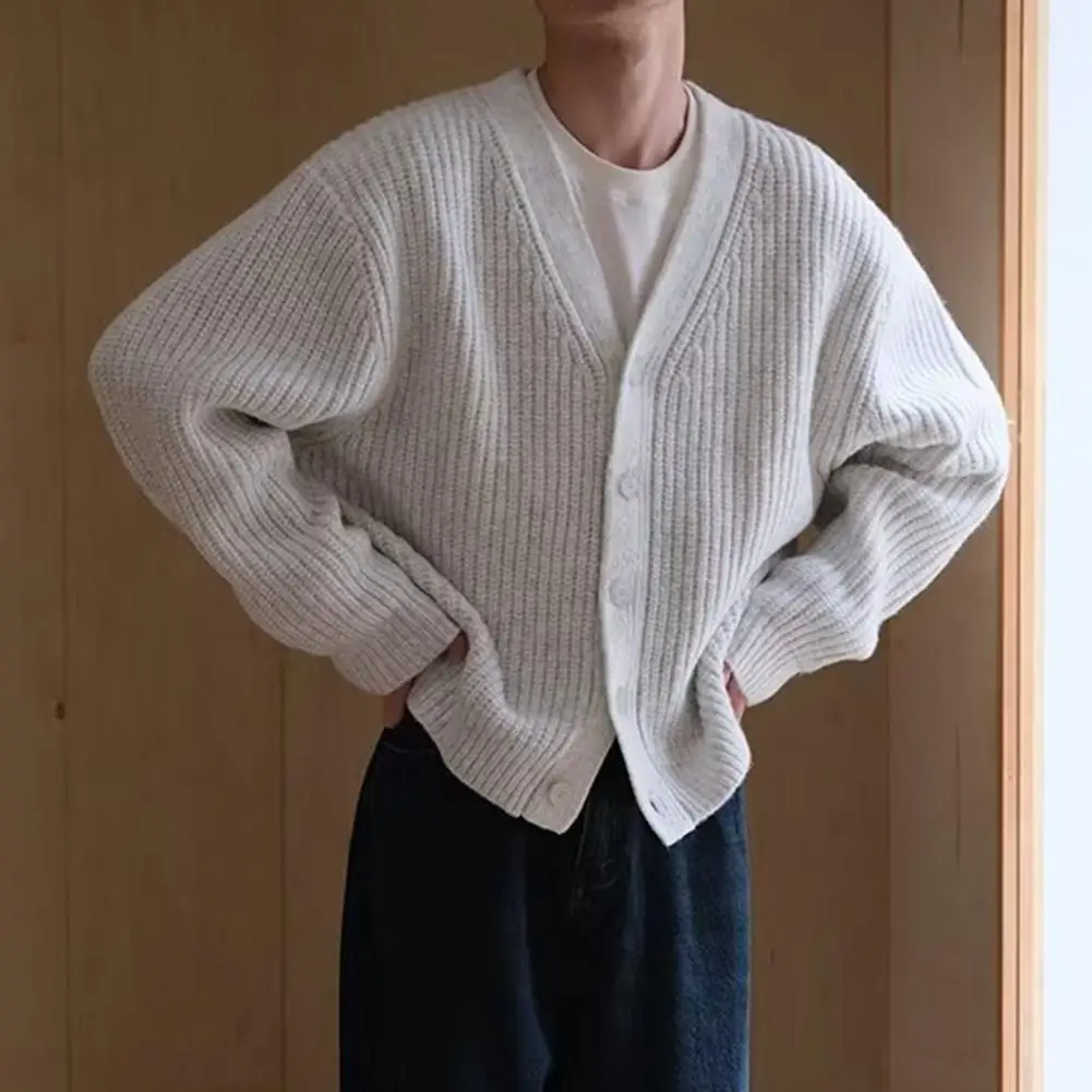 เสื้อสเวตเตอร์ถักผู้ชายเก๋ฤดูใบไม้ร่วง WARM Simple ถักเสื้อกันหนาวสไตล์ญี่ปุ่นหล่อ V คอเดี่ยว Breasted เสื้อกันหนาว Man เสื้อผ้า