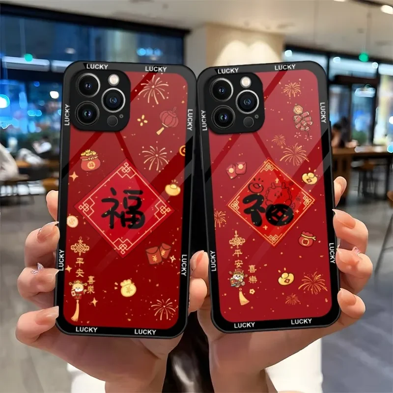 New Year 2024 Dragon Phone Case Red Black Glass For IPhone 15 13 14 12 11 Pro Max Plus Mini X XR 8 7 6s SE2020 Cover