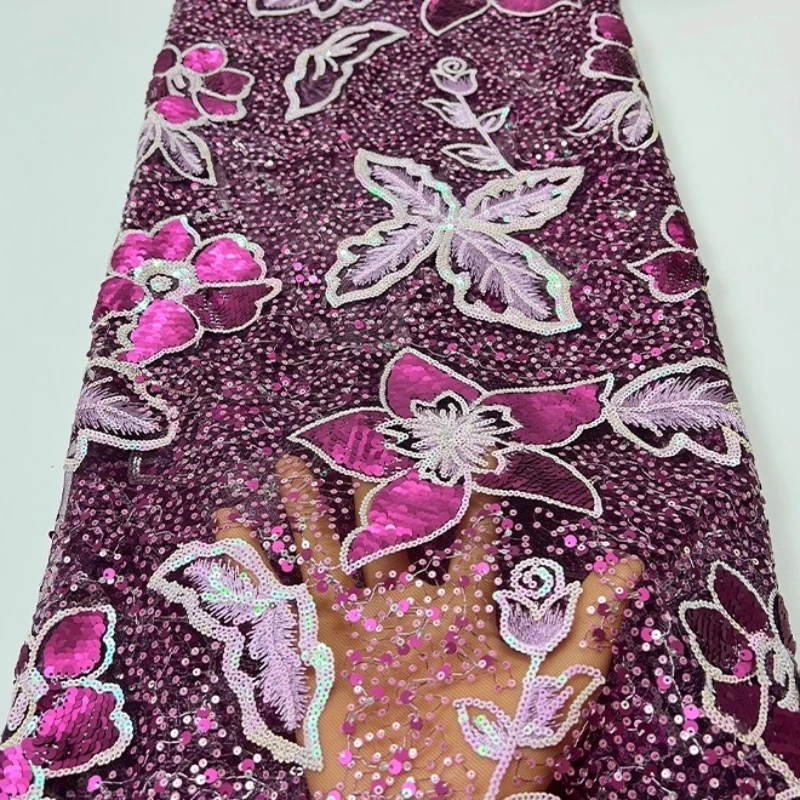 

French luxurious lace mesh fabric,African fashionable large flower beaded leaf sequin embroidery lace,Nigerian lace fabric dress