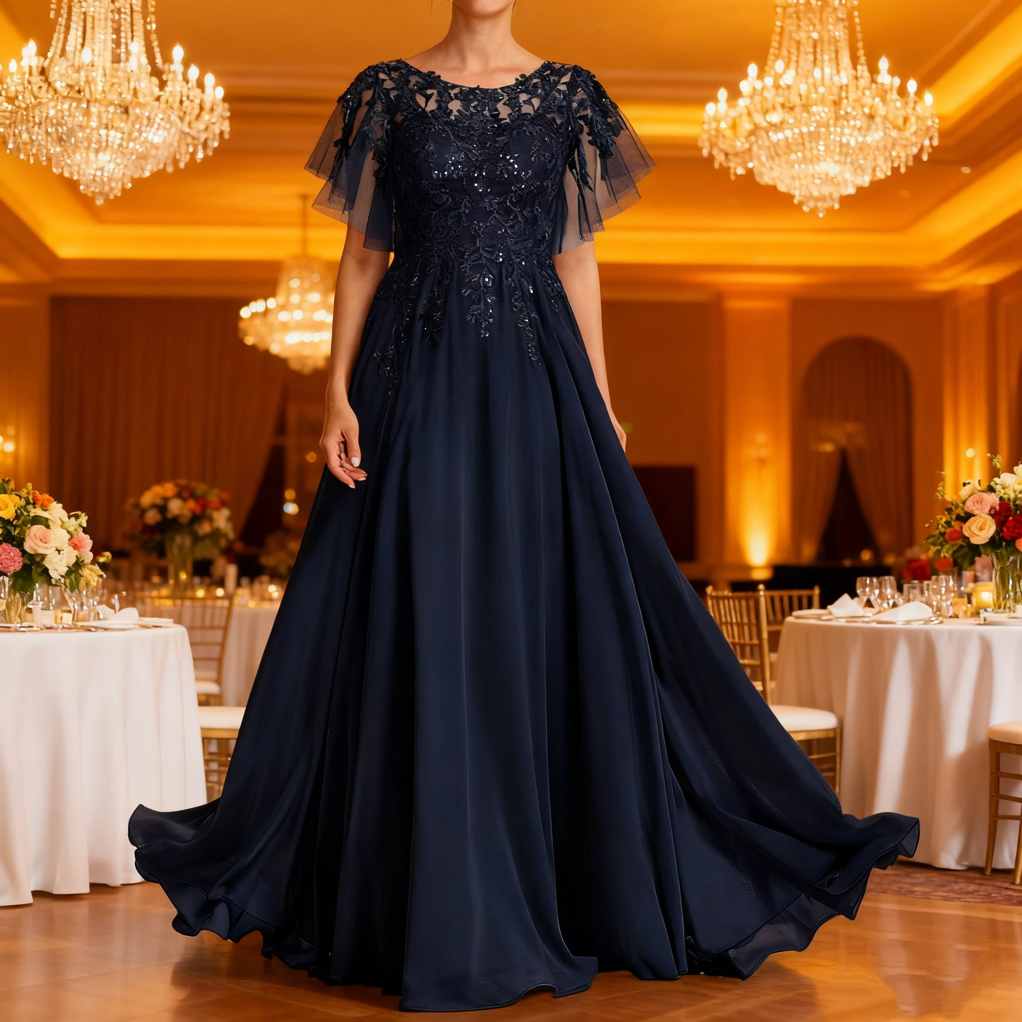 Abiti per la madre della sposa con applicazioni in pizzo per abito da sera formale lungo scoop in chiffon da sposa