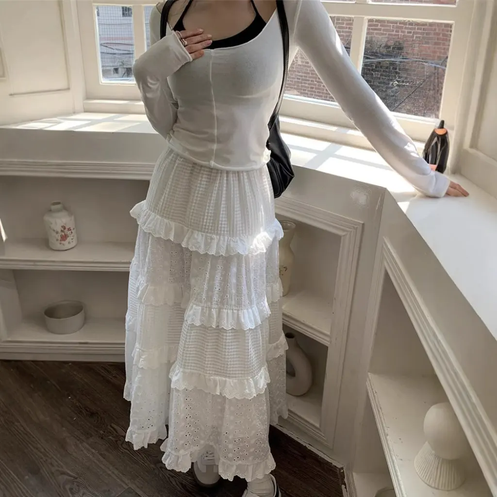 

Kumikumi Gentle Hollow Crochet Long Skirt for Women High Waist A-Line White Cake Skirt Spring Season