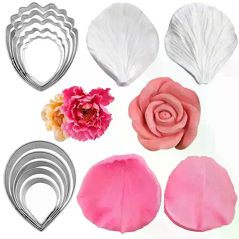Peony Petal Veiner Silicone Mold Stainless Steel Cutter Mould Handmade Fondant Flower Molds Cake Decorating Tool Bakeware 5/7Pcs