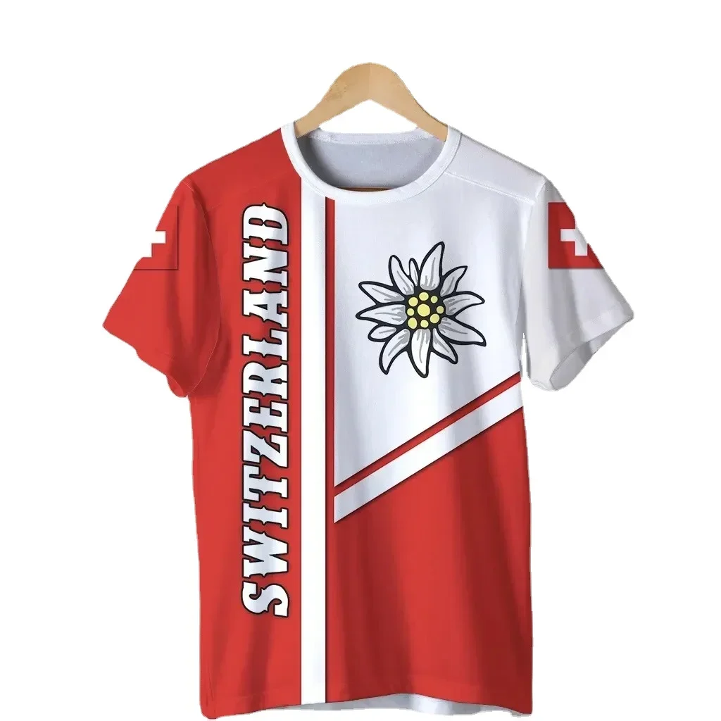 Men's 3D printed Swiss flag short sleeved T-shirt, large casual wear with Swiss national emblem printed, Harajuku children's top