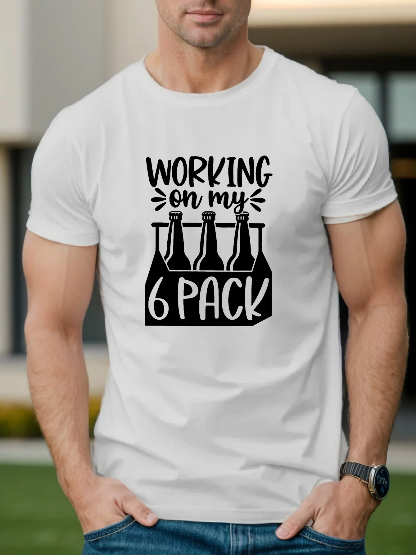 

WORKING ON MY 6 PACK Printed Men's Short Sleeve T-shirt, Can Be Worn In Summer, Polyester Material Comfortable And Breathable