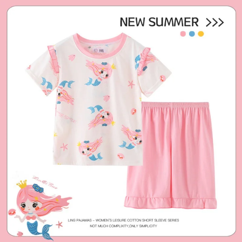 Girls' Pajamas Summer Children's Pajamas Women's Thin Set Little Girls Middle and Big Children's Air Conditioning Home Clothing