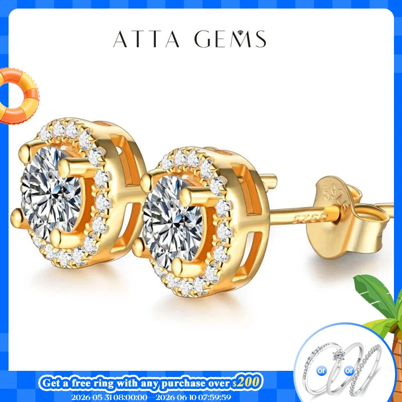 

ATTAGEMS 1 Carat D Color Moissatine Stud Earrings For Women 18K Gold Plated 100% 925 Sterling Silver Wedding Party Fine Jewelry