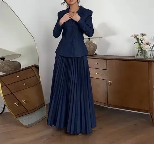 

Women's Long Skirt Set 2026 Spring Tailored Fashion, Elegant Lapel Double Breasted Suit Jacket and A-Line Pleated Skirt Set